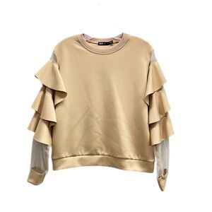 INA Blouse Top Women Medium Beige Ruffle Sleeves Gypsy Pullover Long Sleeve Boho